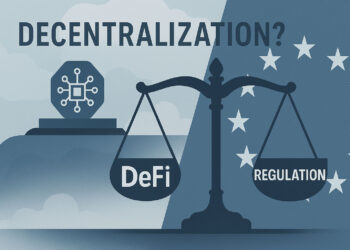 Scales of justice weighing DeFi against regulation with the EU flag in the background and the word decentralization above