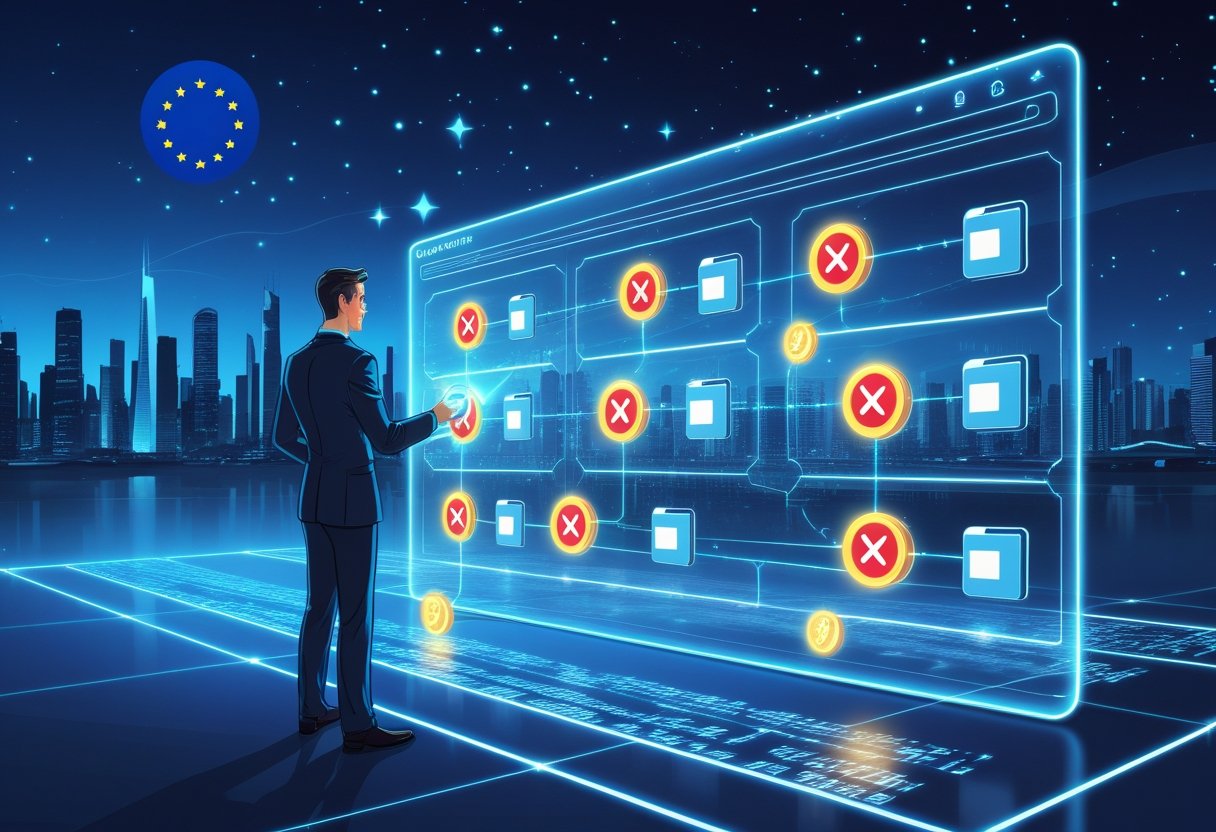 A person analysing digital wallet connections and transactions with some wallets marked as banned, set against a futuristic European city background with EU symbols.