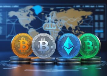 Four digital coins representing Bitcoin, Ethereum, USDC, and USDT in front of a transparent map of Europe with abstract legal symbols in the background, indicating regulatory exemption.