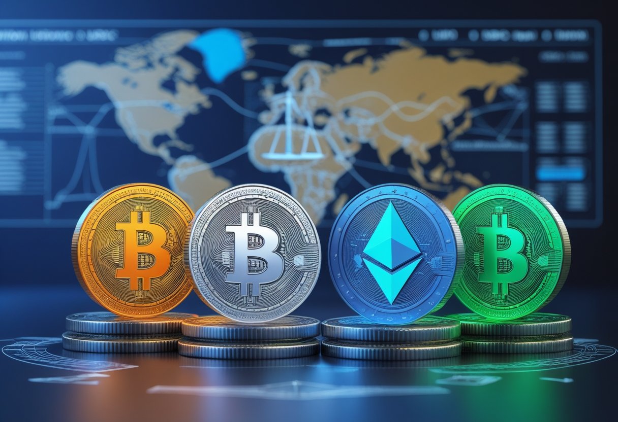 Four digital coins representing Bitcoin, Ethereum, USDC, and USDT in front of a transparent map of Europe with abstract legal symbols in the background, indicating regulatory exemption.