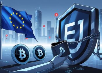 A digital scene showing the European Union symbol blocking privacy coins and restricting a digital wallet with chains, set against a futuristic cityscape with financial data visuals.