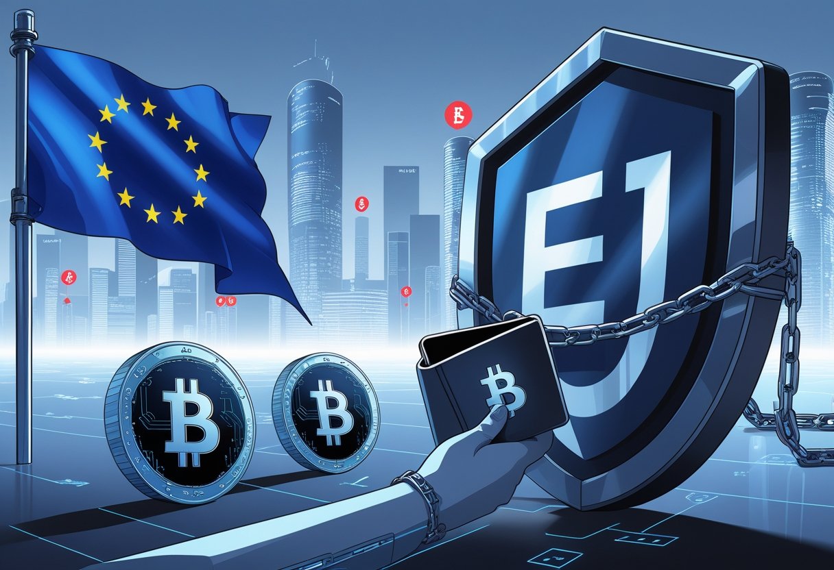 A digital scene showing the European Union symbol blocking privacy coins and restricting a digital wallet with chains, set against a futuristic cityscape with financial data visuals.