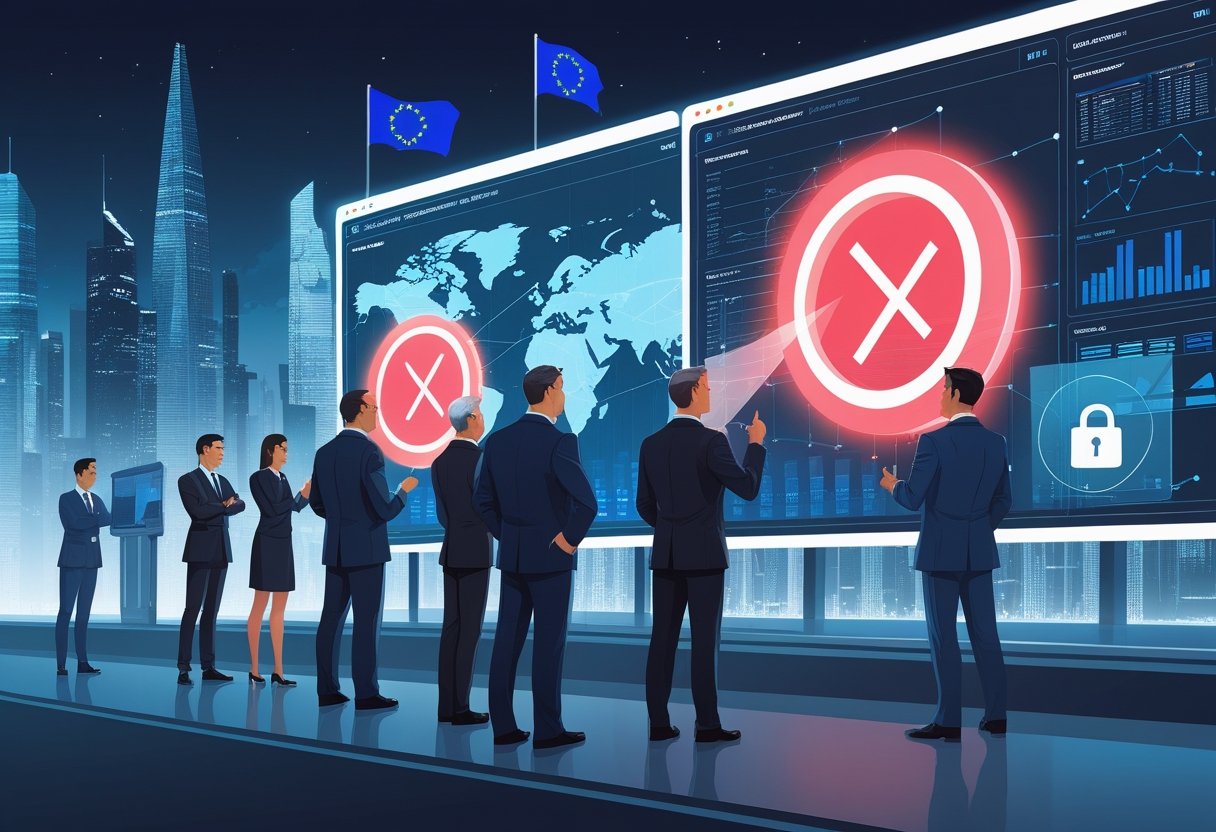 A group of officials examining digital screens with blockchain data in a futuristic city, with symbols showing banned privacy coins and restricted self-custody wallets.