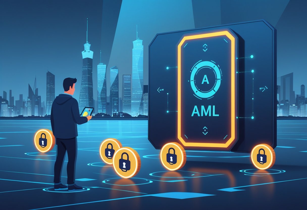 A futuristic European city with a digital shield blocking glowing privacy coins, while a person holding a digital wallet looks concerned.