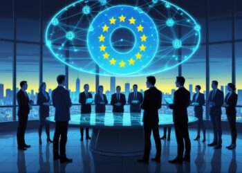 A group of regulators in a meeting room examining holographic blockchain data beneath a large floating European Union symbol over a glowing network of digital nodes.