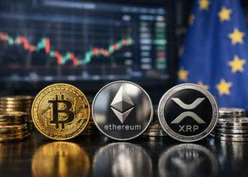 Bitcoin, Ethereum and XRP coins displayed in front of market charts and the European Union flag as EU MiCA regulation approaches