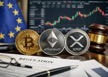 Bitcoin, Ethereum and XRP coins displayed on regulatory documents with EU flag and market chart in background