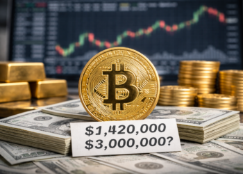 Bitcoin coin displayed on stacks of US dollar banknotes with market chart and price forecasts in background