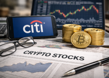 Bitcoin coins and Citi logo displayed on financial newspaper with crypto stock market chart in background