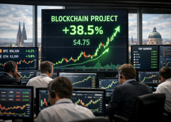 Digital asset trading floor with traders monitoring crypto price charts during a major blockchain price surge, European city skyline in background