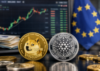 Dogecoin and Cardano coins with EU flag and crypto market data in background