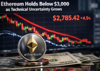 Ethereum coin displayed in front of a falling price chart as ETH trades below $3,000 amid technical uncertainty