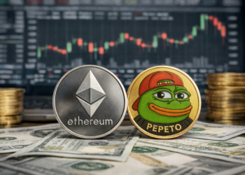 Ethereum and Pepeto cryptocurrency coins displayed on US dollar banknotes with crypto market chart in background