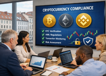 European professionals reviewing cryptocurrency compliance documents in a modern office environment