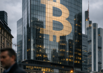 Modern corporate office building in a European financial district with a Bitcoin symbol reflected in the glass facade, conveying uncertainty in crypto markets