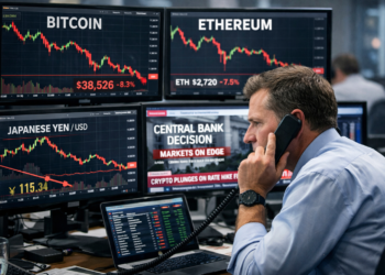 Financial analyst monitoring Bitcoin, Ethereum, and Japanese yen charts as markets react to central bank decisions
